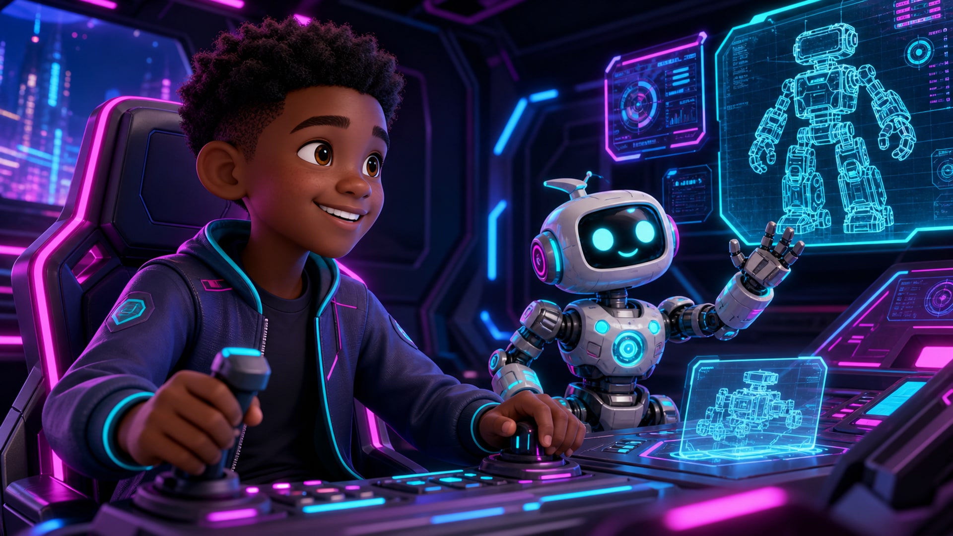RoboRift student pilot in a holographic robotics cockpit