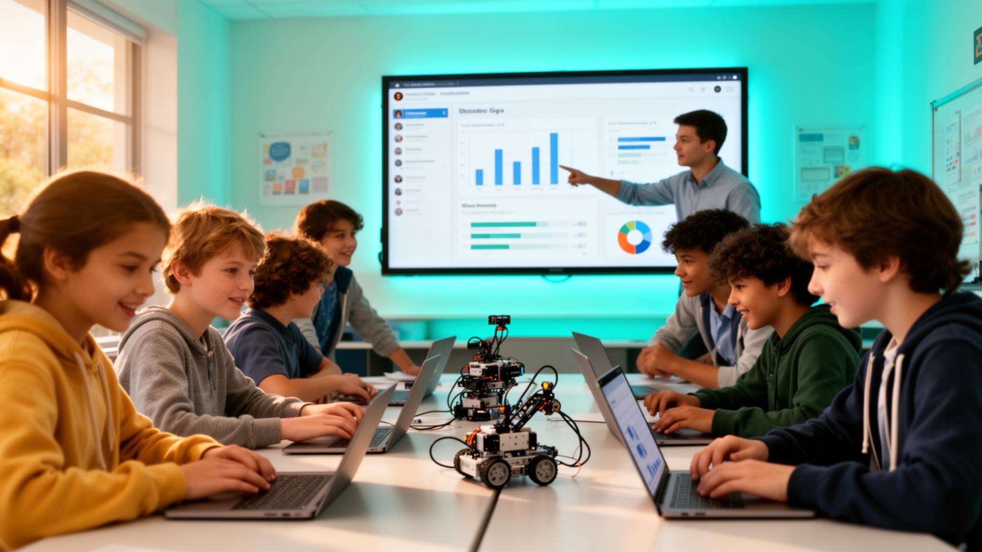 Teacher leading a robotics class with progress dashboard